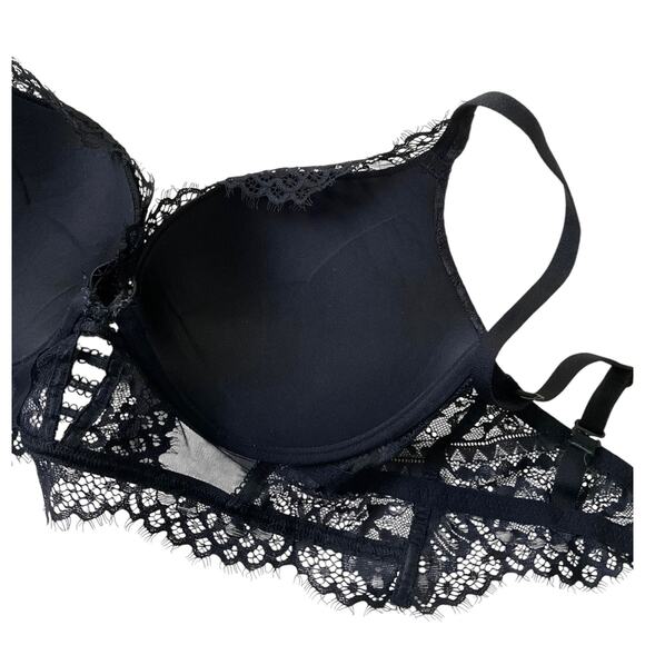Black Lace Rhinestones Push Up Bra Women Size 34D | 52-16 - Picture 6 of 7